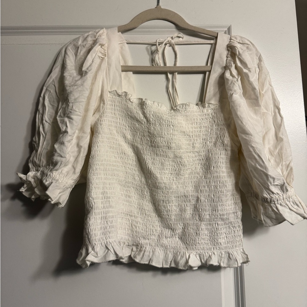 H&M Cream Smocked Blouse with Puff Sleeves